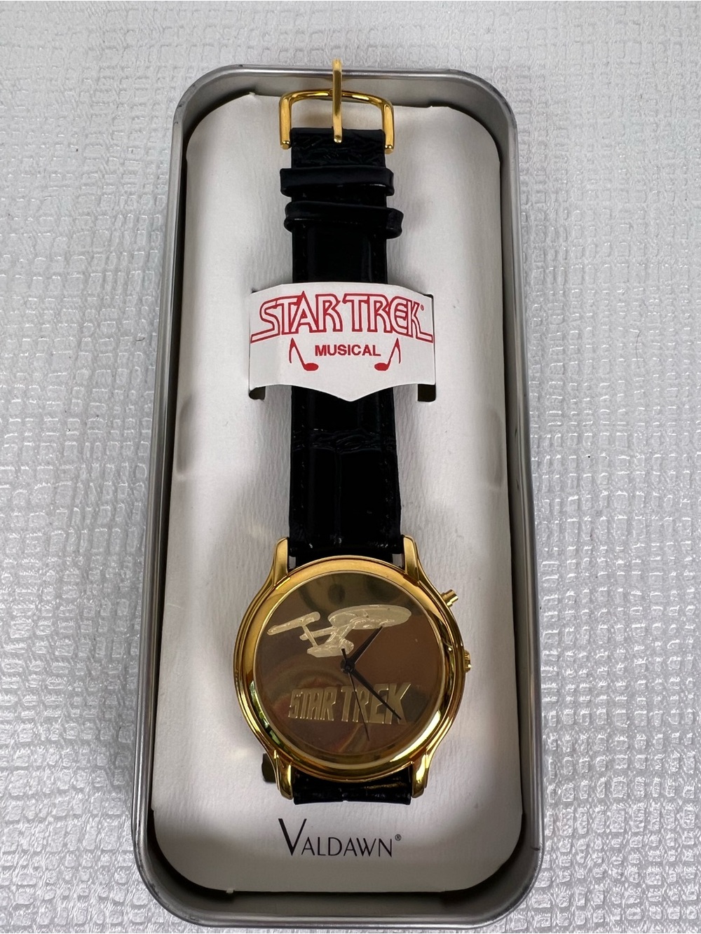 Vtg Star Trek Musical Gold Tone Watch with Black Strap